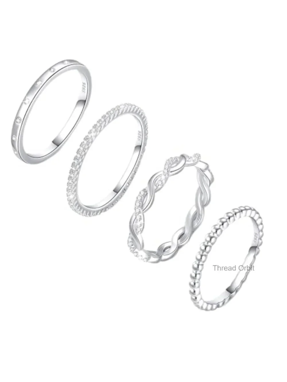 4PCS Thin Stackable Cubic Zirconia Silver Rings Set Size 5-10